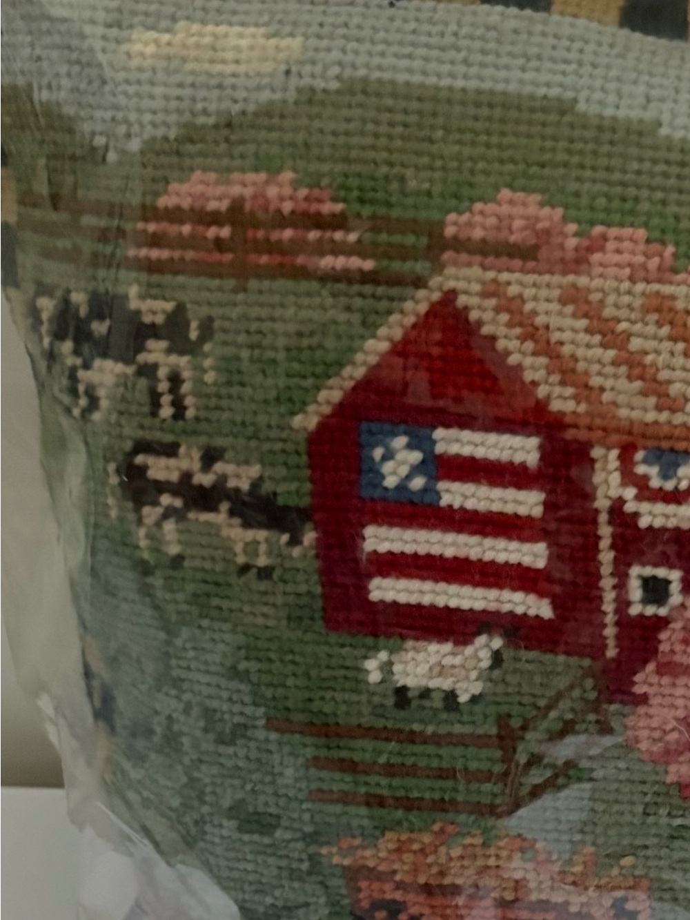 Needlepoint "Farm House Scene" Pillow with Insert. 12"x16".Velvet Zippered Back. - Picture 4 of 5